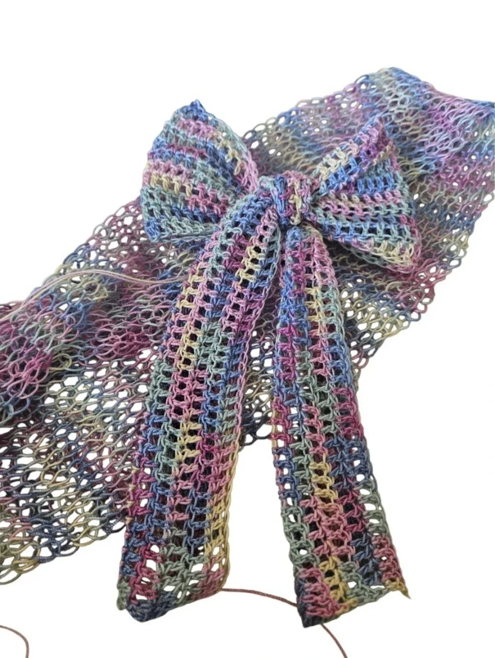 Handmade Crochet Lace Scarf Pastel Blossom Bow Egyptian Cotton Knit Neck Wrap